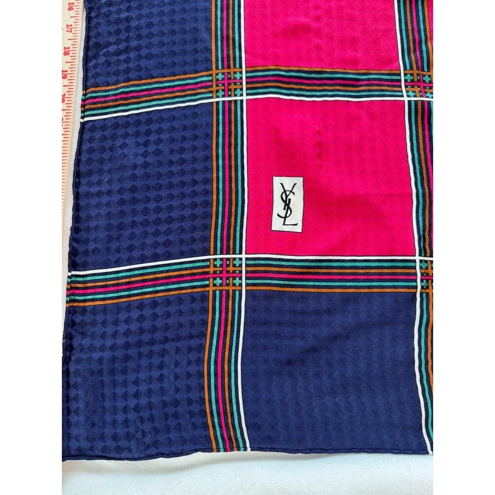 YSL Silk Scarf Vintage Navy Blue Pink 100% Silk Hand Rolled 33x33